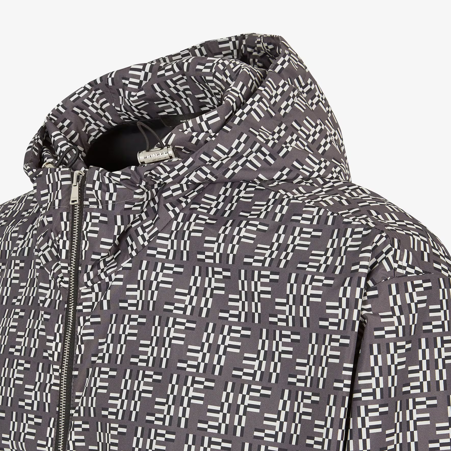 Shop FENDI  Grey Full-Zip Windbreaker Jacket with Patterned Print Hoodie. FAA935ARYIF0PU7