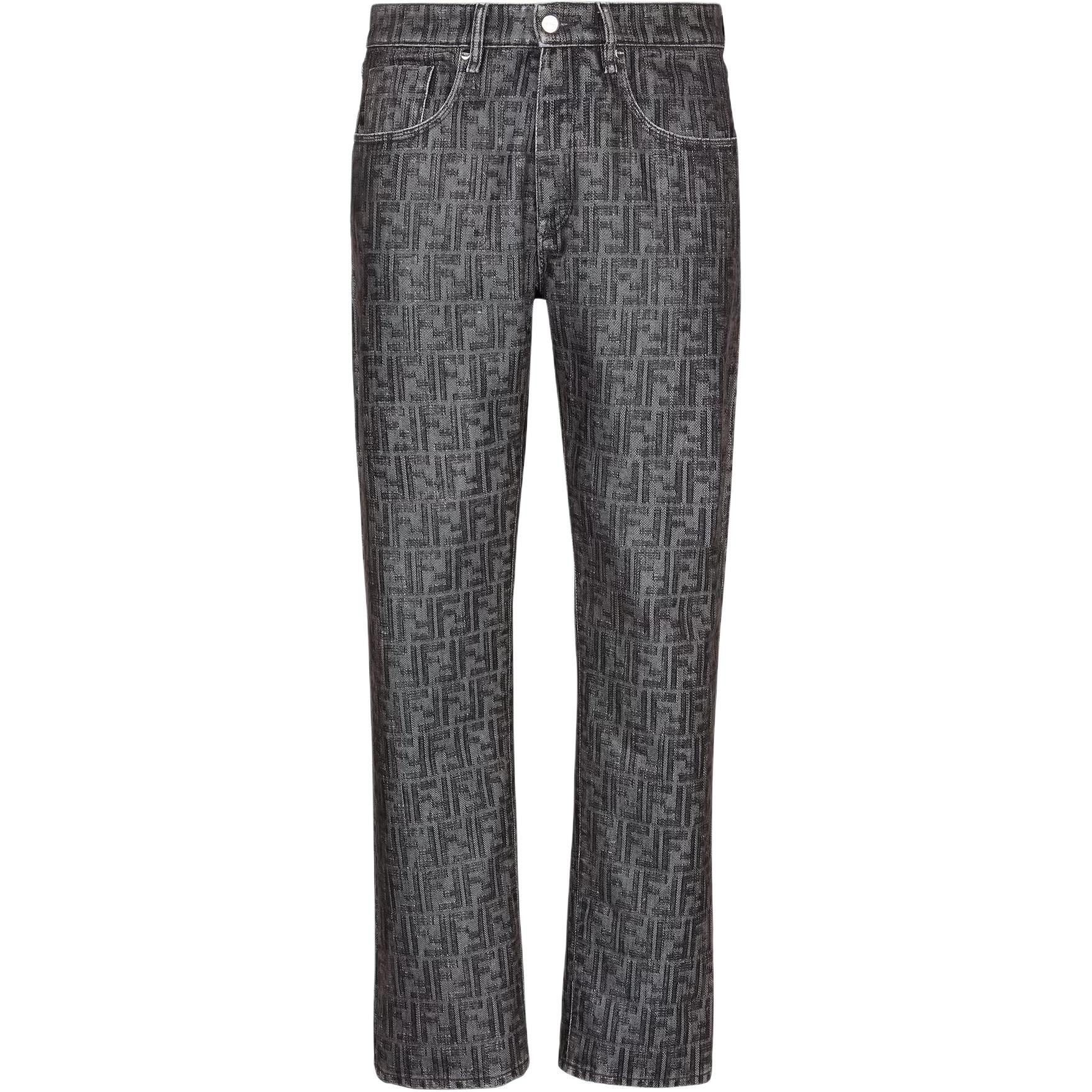 FENDI  Grey Straight-Leg Jeans with Logo Pattern and Stud Details. FLP288APSWF1LUY