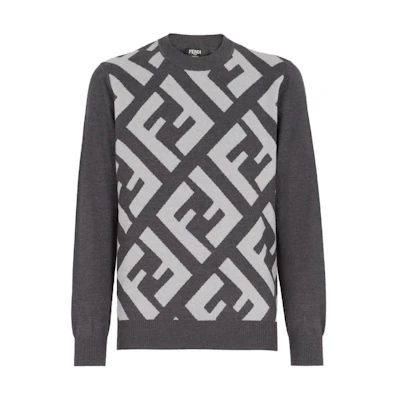 FENDI Grey Wool Jumper with Letter Print and Crew Neck. FZX091APJKF1ML0