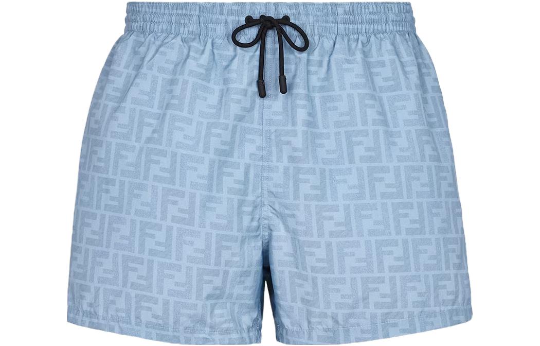FENDI  Light Blue Drawstring Shorts with All-Over Logo Print. FXB077A79FF0EX7