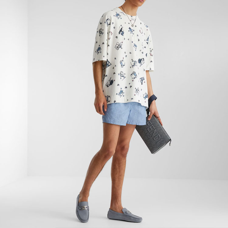 Shop FENDI  Light Blue Drawstring Shorts with All-Over Logo Print. FXB077A79FF0EX7