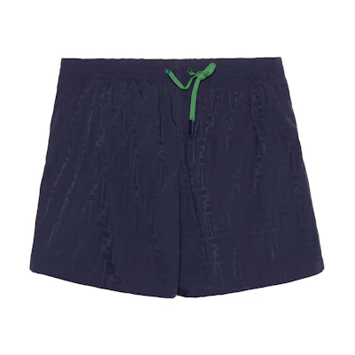 FENDI Navy Blue Solid Letter Print Fitted Swim Trunks. FXB077AGBRF1KQT