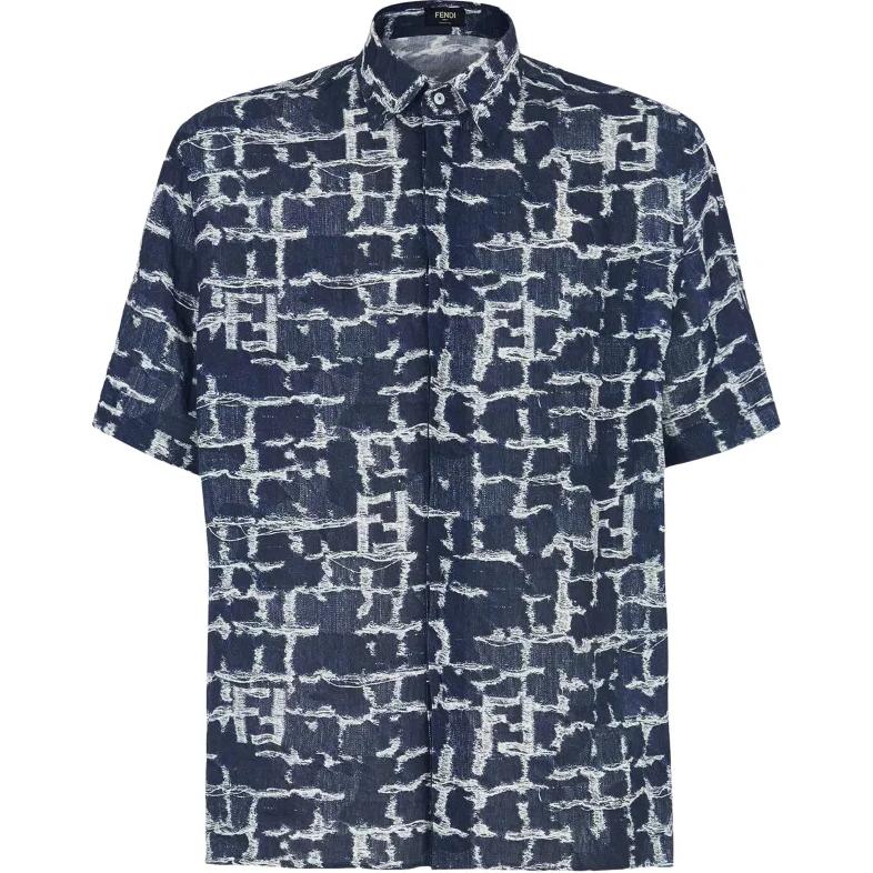 FENDI  Short Sleeve Button-Up Shirt Blue with Graphic Print Design FS0795AR6EF0UV2