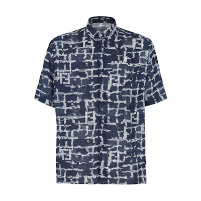 FENDI Short Sleeve Button-Up Shirt Blue with Graphic Print Design FS0795AR6EF0UV2