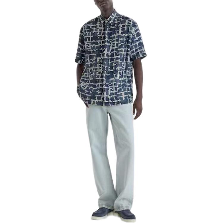 Shop 芬迪 蓝色短袖纽扣衬衫带图案设计 FS0795AR6EF0UV2