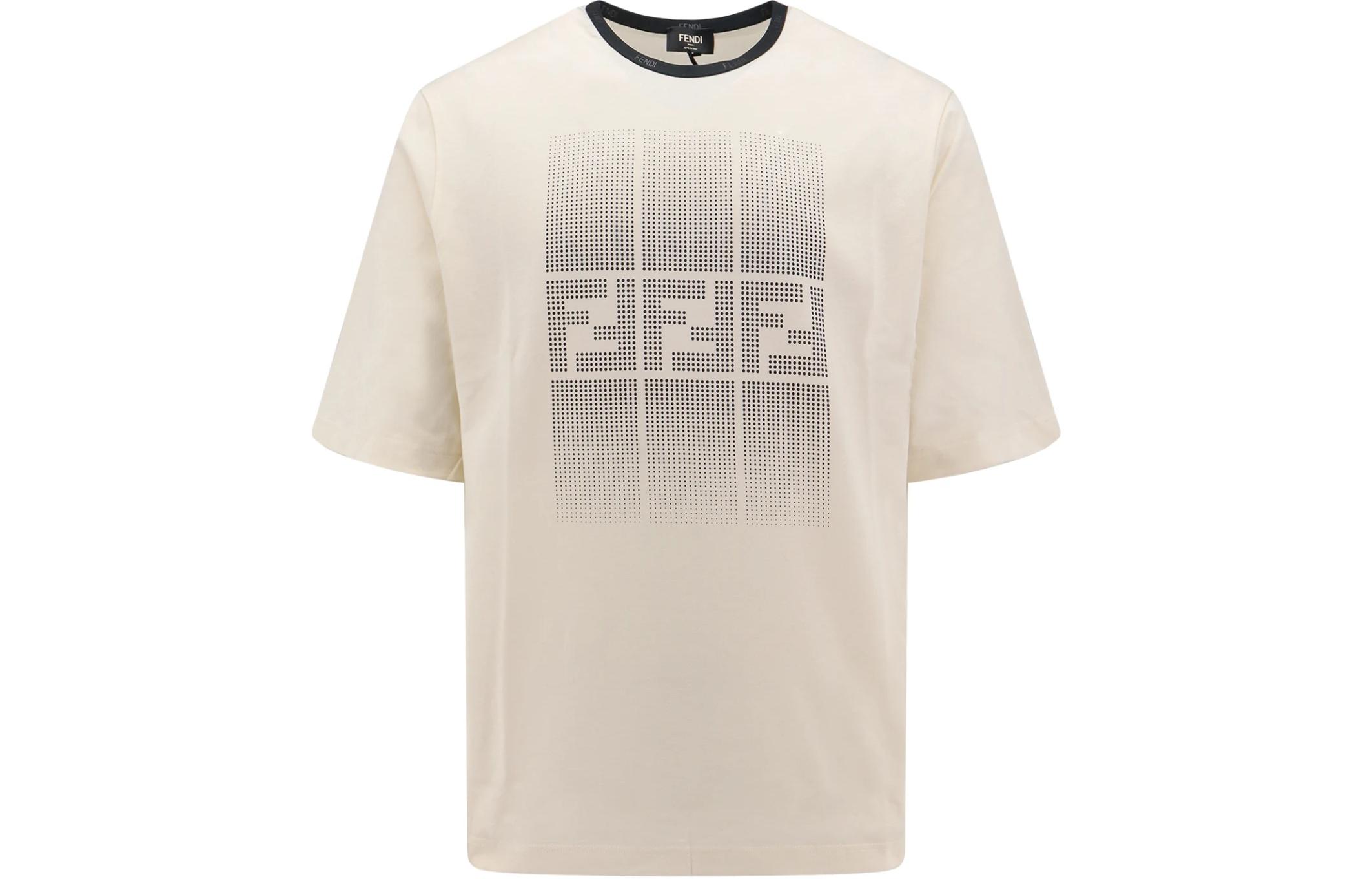 FENDI  Slim Fit Crew Neck T-Shirt with Letter Pattern in Off-White. FAF715AR5BF0-RQ0