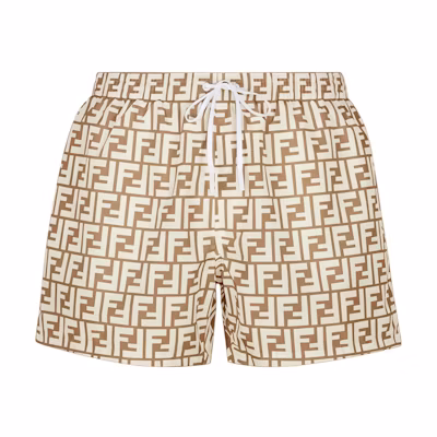FENDI SS22 Monogram Print Relaxed Straight Shorts in Khaki. FXB077A79F1200