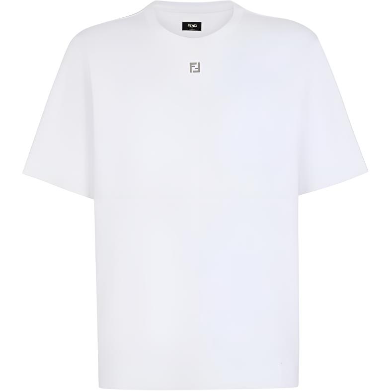 FENDI  SS24 White Loose Fit Crewneck T-Shirt with Logo Applique. FY0936ARYYF0QA0