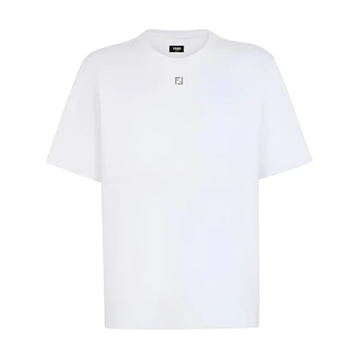 FENDI SS24 White Loose Fit Crewneck T-Shirt with Logo Applique. FY0936ARYYF0QA0