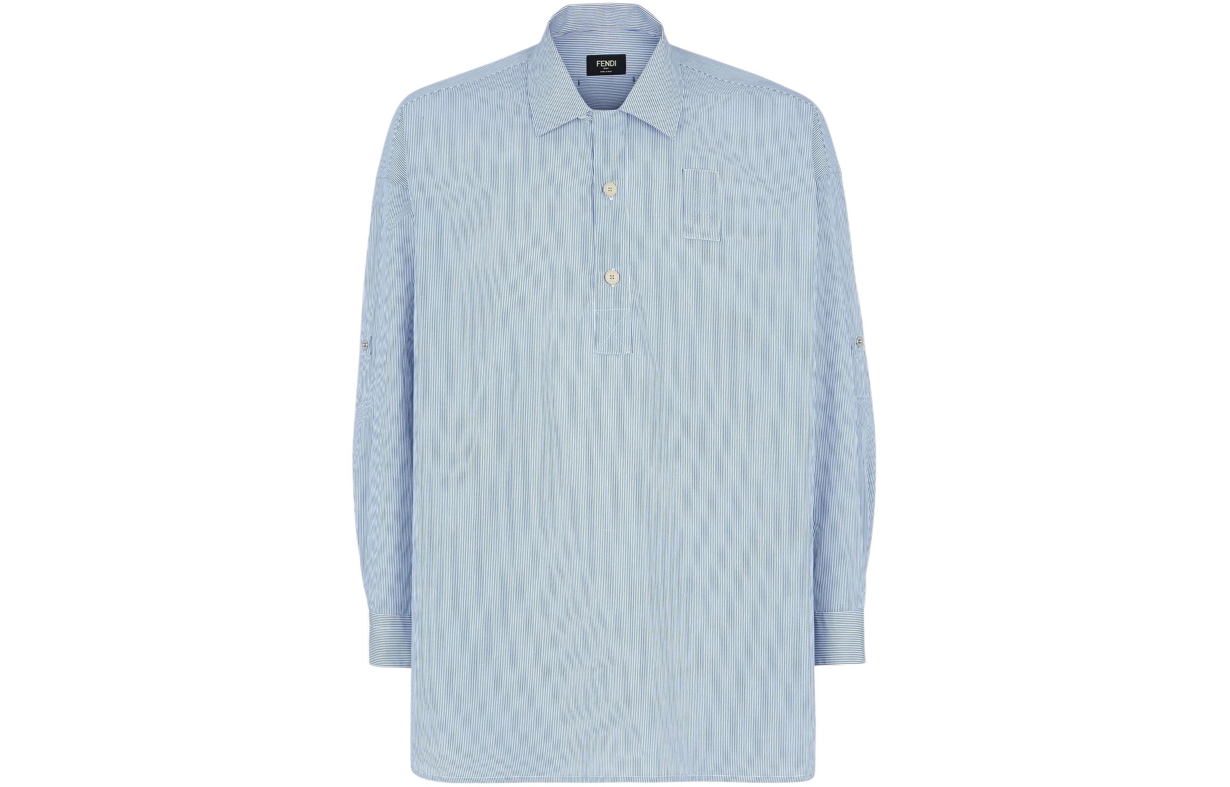 Shop 芬迪 条纹褶皱长袖休闲衬衫 浅蓝色 FS1257AR5VF16H9