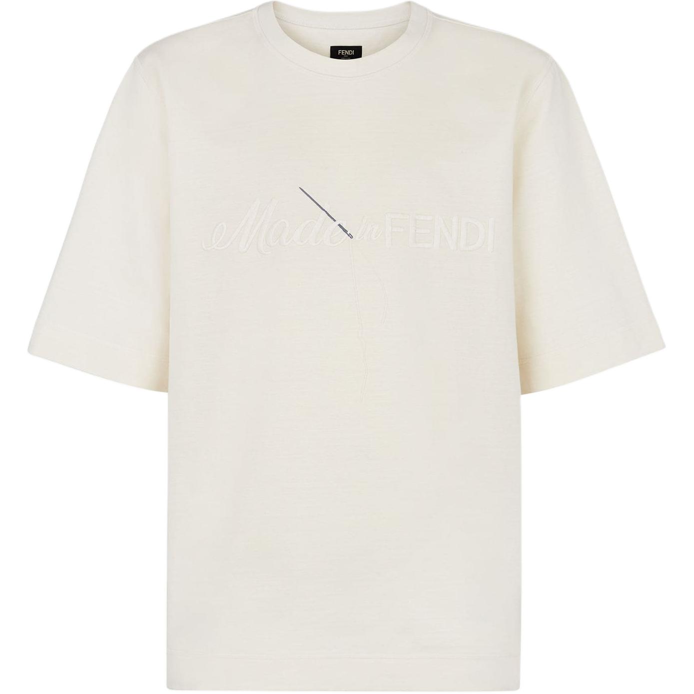 FENDI  White Loose Fit Crewneck T-Shirt with Embroidered Lettering. FY1291AR6QF1MTG