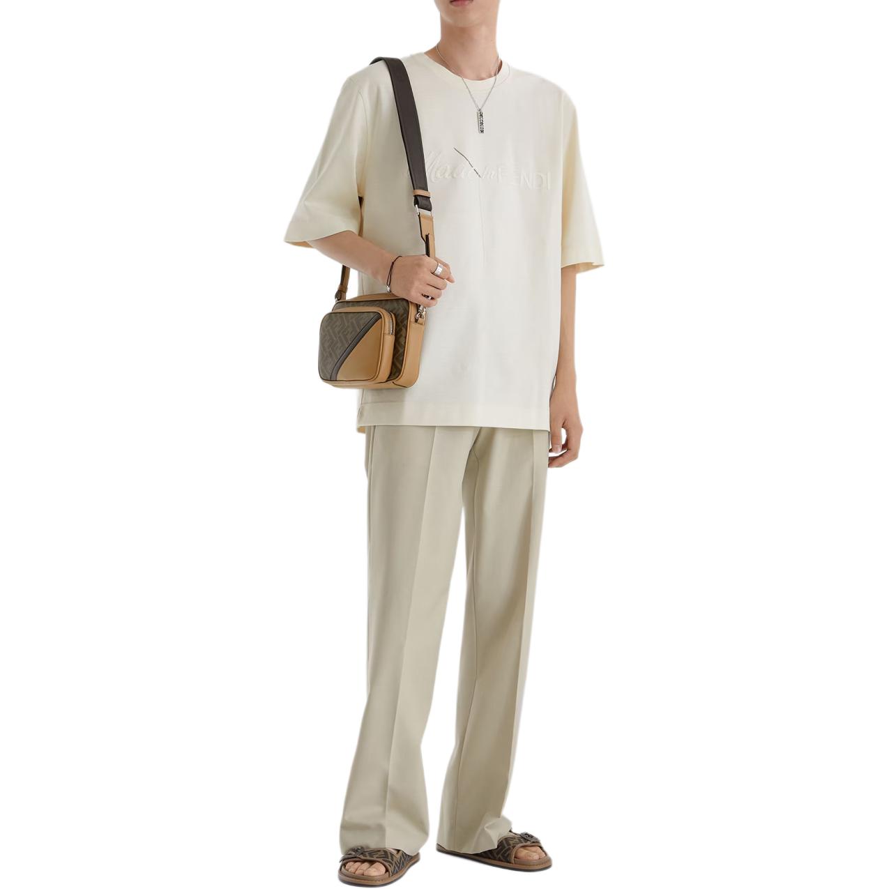 Purchase FENDI  White Loose Fit Crewneck T-Shirt with Embroidered Lettering. FY1291AR6QF1MTG