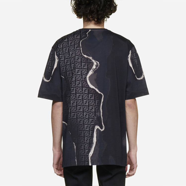 Sizing FENDI Abstract Print Crewneck Short Sleeve Oversized T-shirt Black Men SS22 FY0936AIFZF1AJR