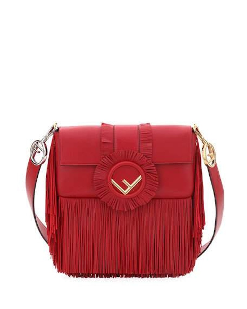 Fendi Baguette Shoulder Seal Nappa Fringe Red