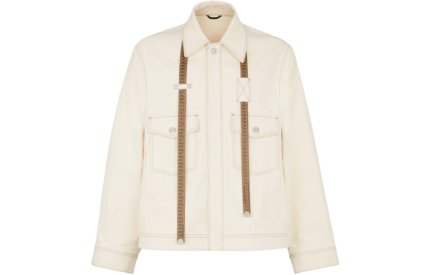 FENDI Beige Canvas Jacket with Leather Trim and Single-Breasted Design for Men. FW1291AR9MF1MTG