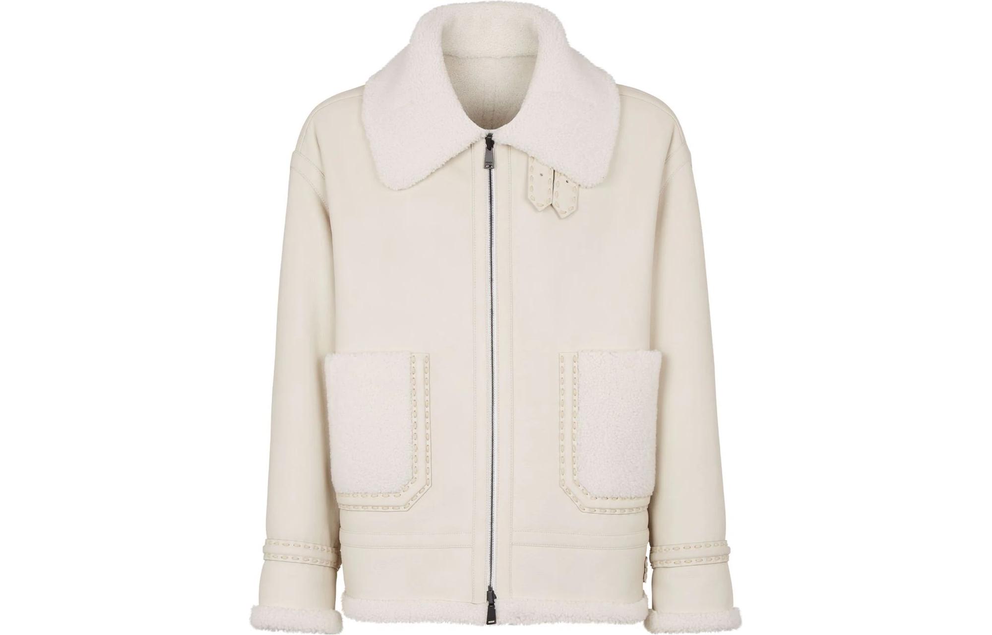 Fendi Beige Zip-Up Long Sleeve Jacket with Fur Collar FM0176AIV0F0ZNM