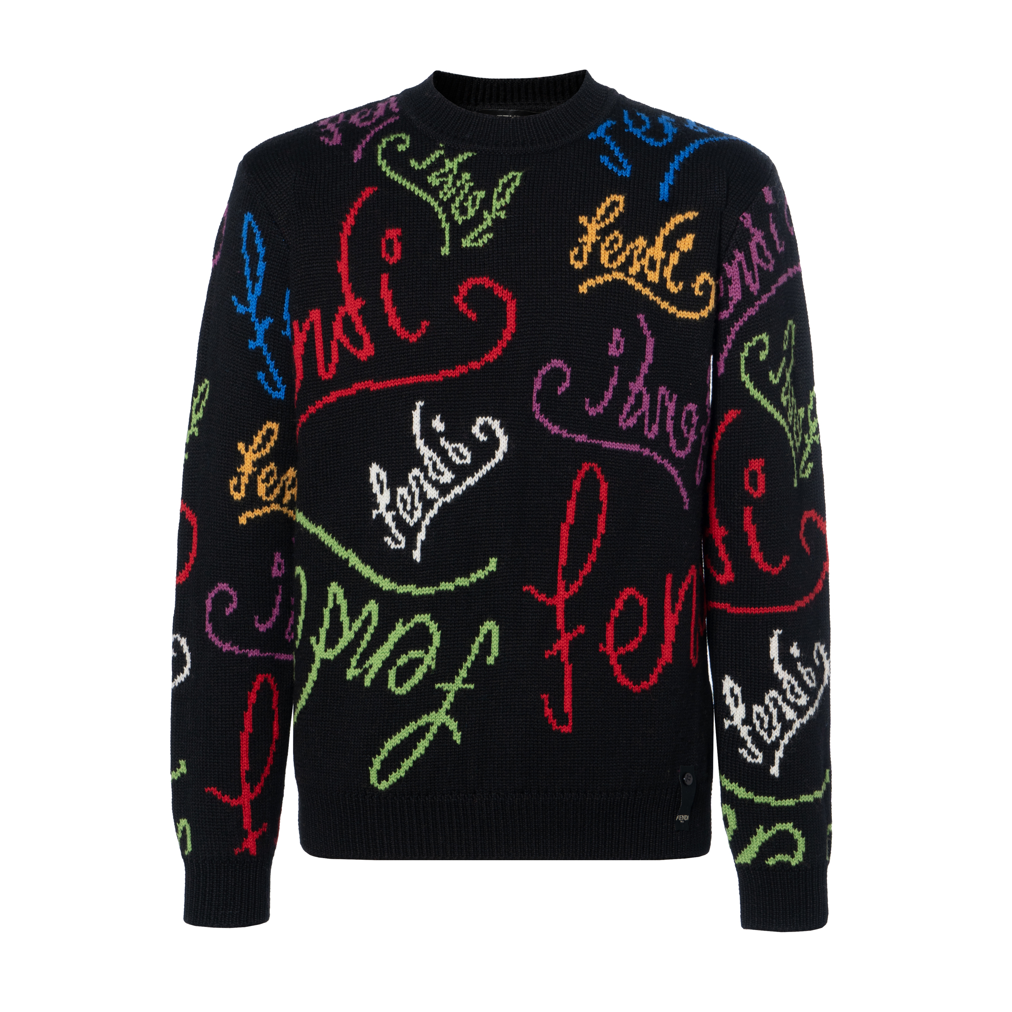 FENDI Black Crewneck Sweater with Logo Inlay Design FZY463AH3EF0QA1