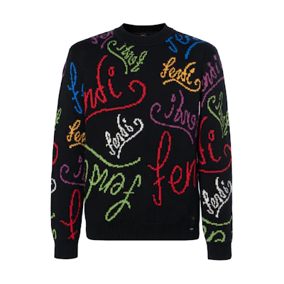 FENDI Black Crewneck Sweater with Logo Inlay Design FZY463AH3EF0QA1