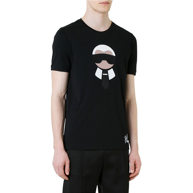 Shop FENDI 黑色卡尔·拉格斐卡通水钻图案T恤 FY0682O9KF0QA1