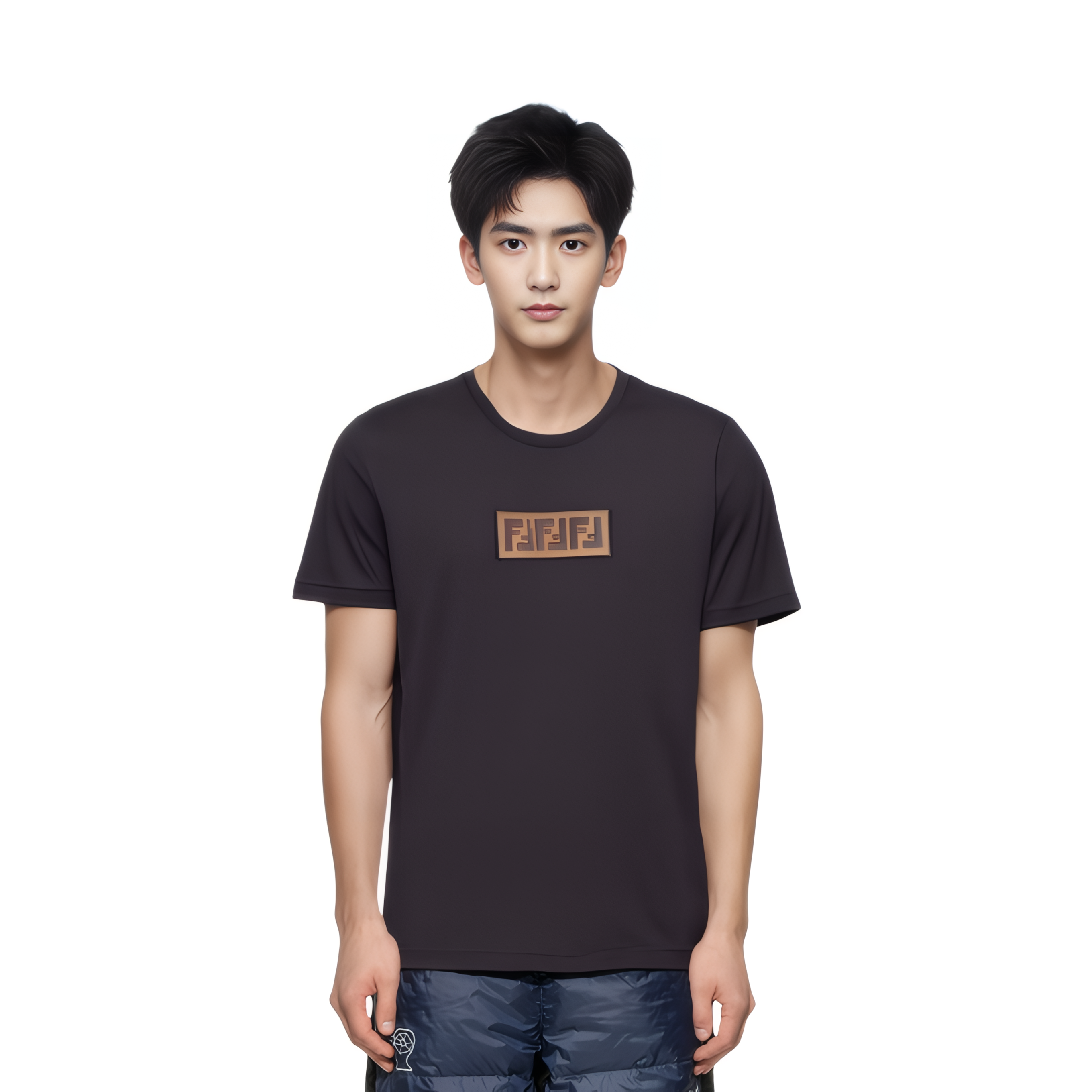 Shop FENDI Baju-T Logo Cetak Hitam Leher Bulat Regular Fit. FY0894A28UF0QA1