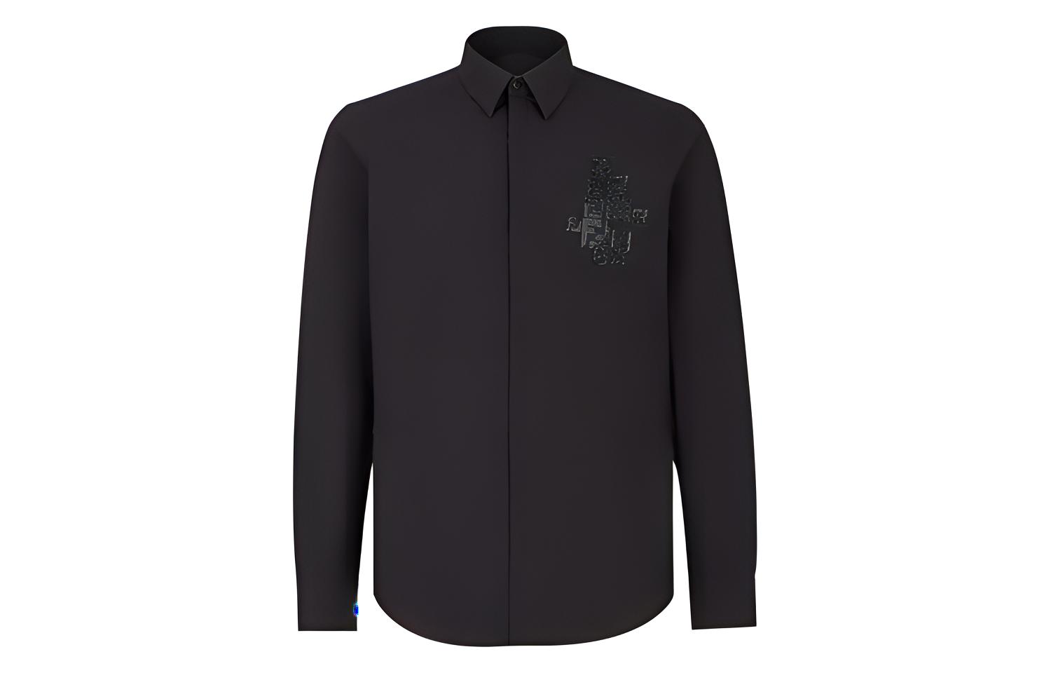 FENDI Black Long Sleeve Shirt with Letter Print and Pointed Collar FS0703ACKPF0QA1
