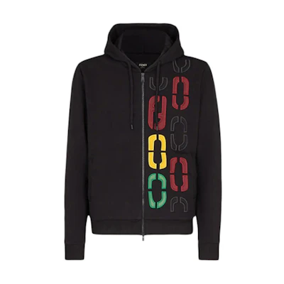 FENDI Black Printed Hoodie with Zip and Long Sleeves. FY0984ADVKF0QA1