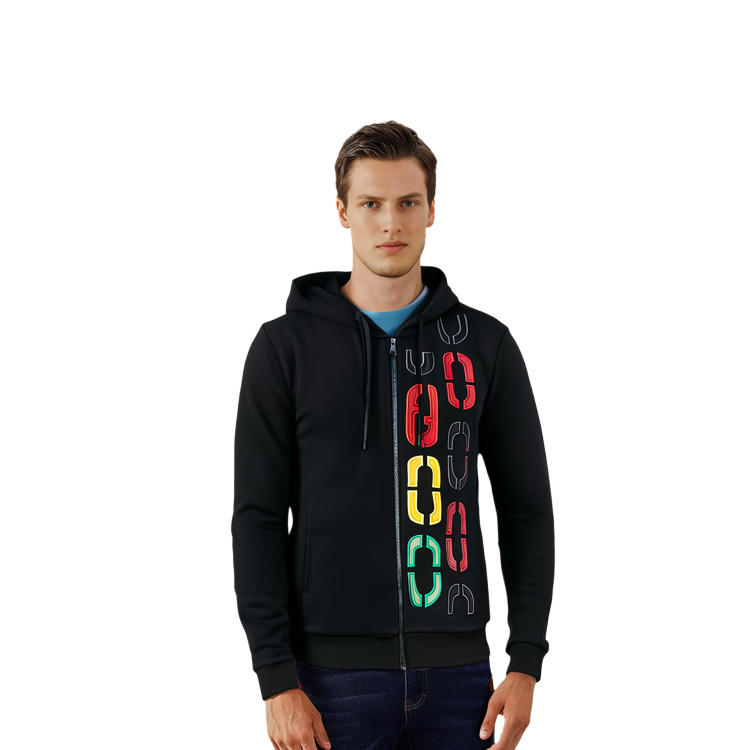 Shop FENDI 黑色印花連帽拉鍊長袖外套 FY0984ADVKF0QA1