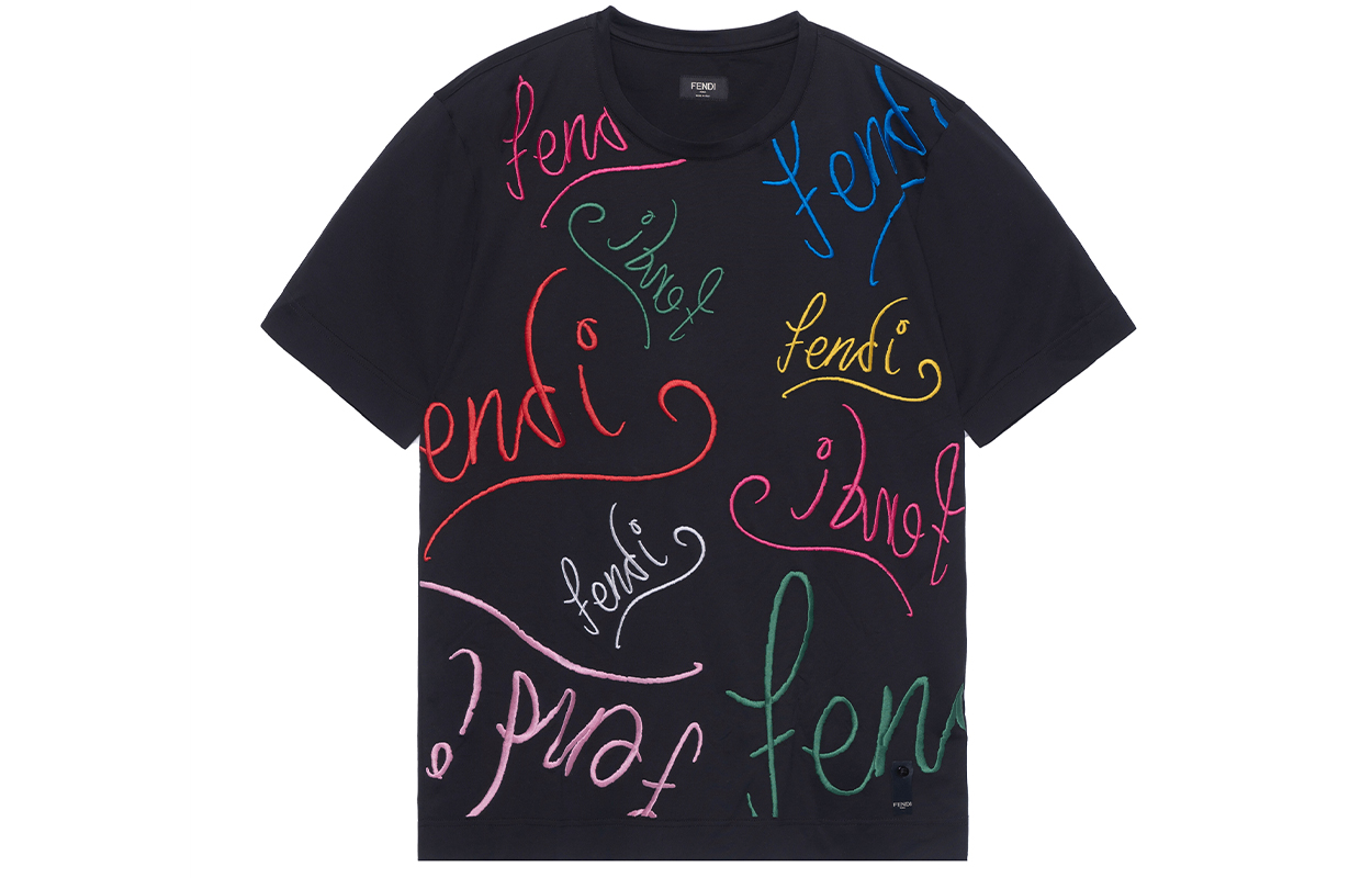 FENDI Black T-Shirt with Colorful Logo Graffiti Print Crewneck. FY0936AH0VF0BHU