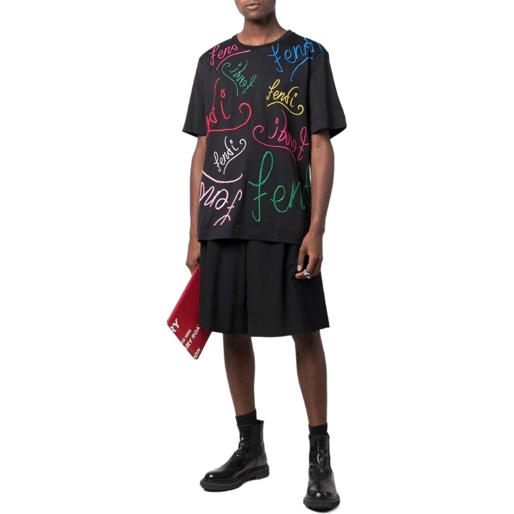 FENDI Black T-Shirt with Colorful Logo Graffiti Print Crewneck. FY0936AH0VF0BHU 圖 4