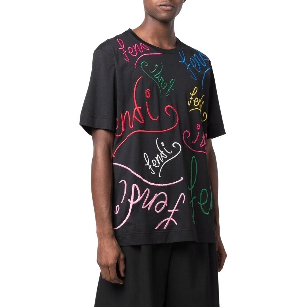 FENDI Black T-Shirt with Colorful Logo Graffiti Print Crewneck. FY0936AH0VF0BHU 圖 5