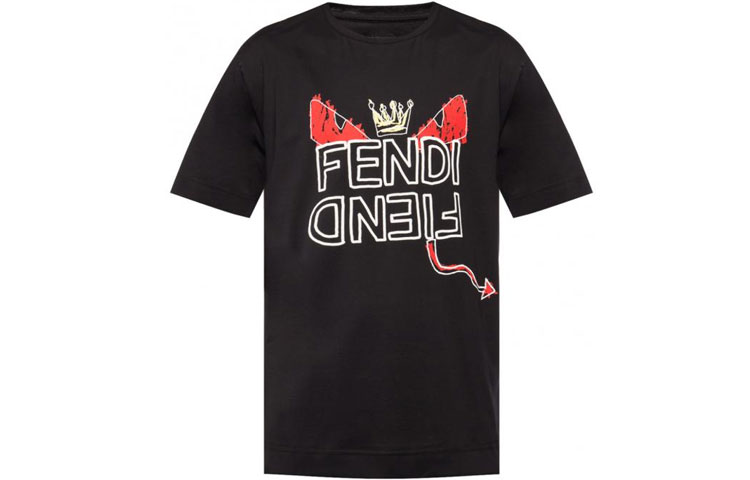 FENDI Black T-Shirt with Hand-Drawn Monster Logo Design FY0936A6ZOF0QA1