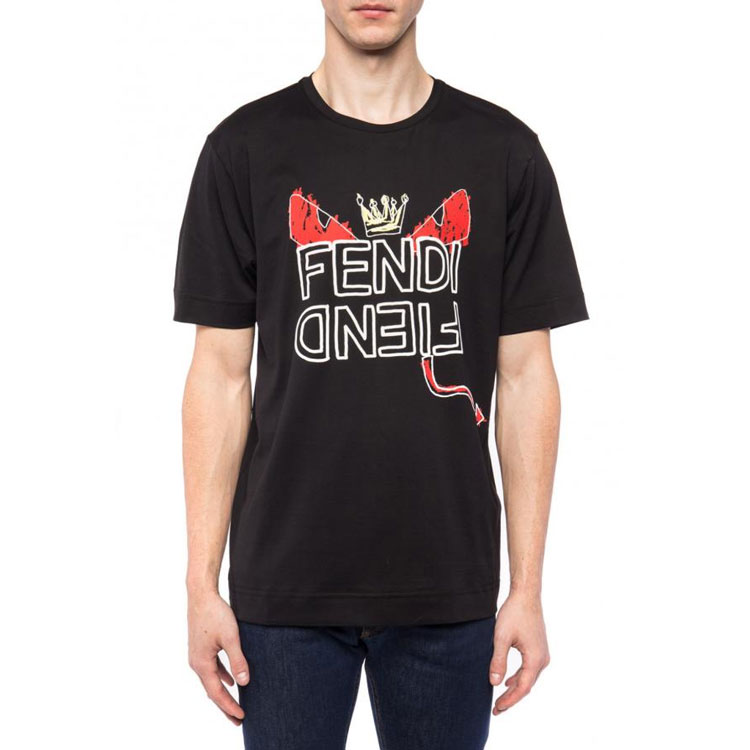 Shop FENDI Black T-Shirt with Hand-Drawn Monster Logo Design FY0936A6ZOF0QA1
