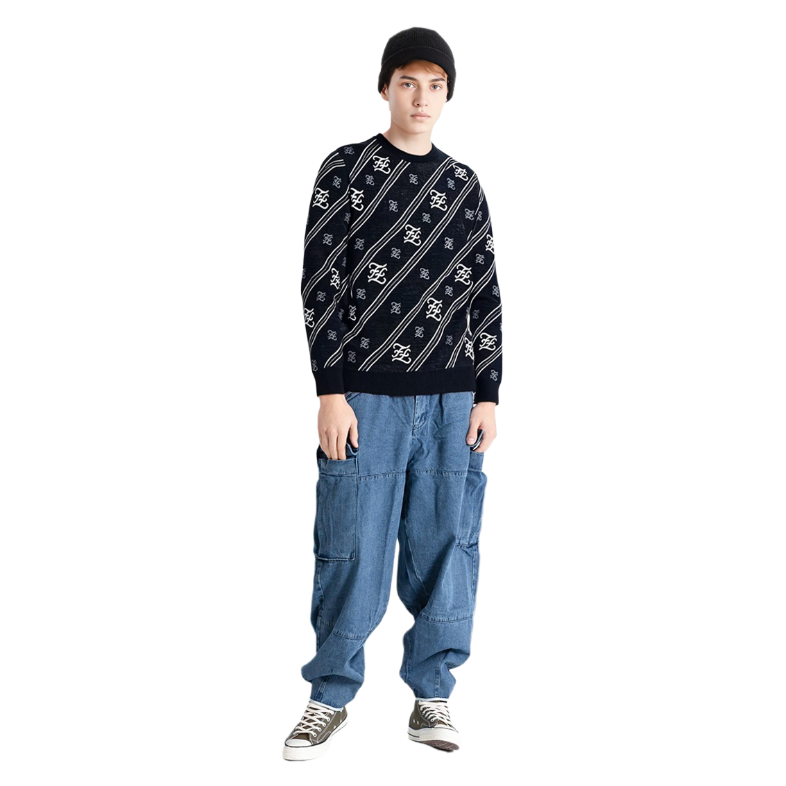 Shop FENDI 黑色羊毛毛衣附標誌條紋 FZY033-AAUF-F0QA1