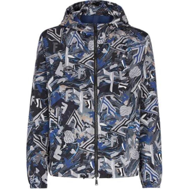 Fendi Blue Hooded Jacket with All-Over Print Design FW1088AIXYF0QA1