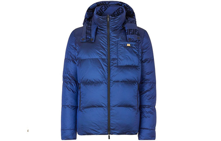 FENDI Blue Hooded Slim Fit Down Jacket with Detachable Letter Design. FW1087AGZJF0UV4