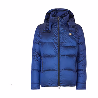 FENDI Blue Hooded Slim Fit Down Jacket with Detachable Letter Design. FW1087AGZJF0UV4