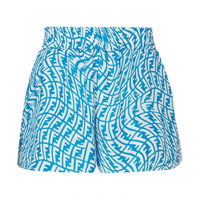 FENDI Blue Silk Shorts with All-Over Logo Print. FB0708AG9DF1EP9
