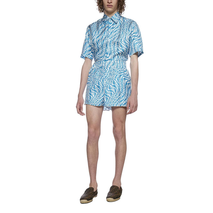 Shop FENDI Blue Silk Shorts with All-Over Logo Print. FB0708AG9DF1EP9