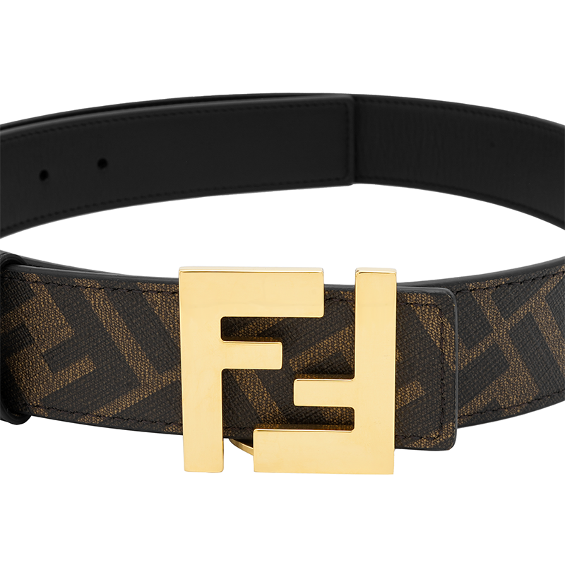 Lookbook FENDI Brown Leather Belt with Side Print Design, Smooth Buckle, Unisex, 3.5cm Wide. 7C0424-AGR9-F18I0