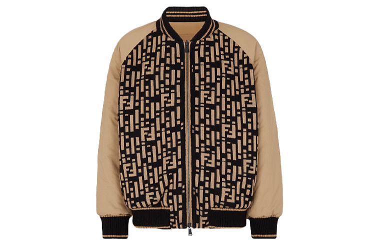 Fendi Brown Logo Print Zip-Up Bomber Jacket with Baseball Collar FW1108AI07F0QB9
