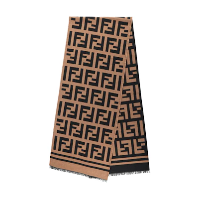 FENDI Brown Wool Silk Knit Scarf with FF Monogram FXS424A3Q1F0QB8