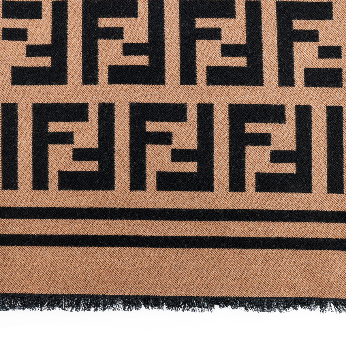 Shop FENDI 棕色羊毛丝绸FF字母图案围巾 FXS424A3Q1F0QB8