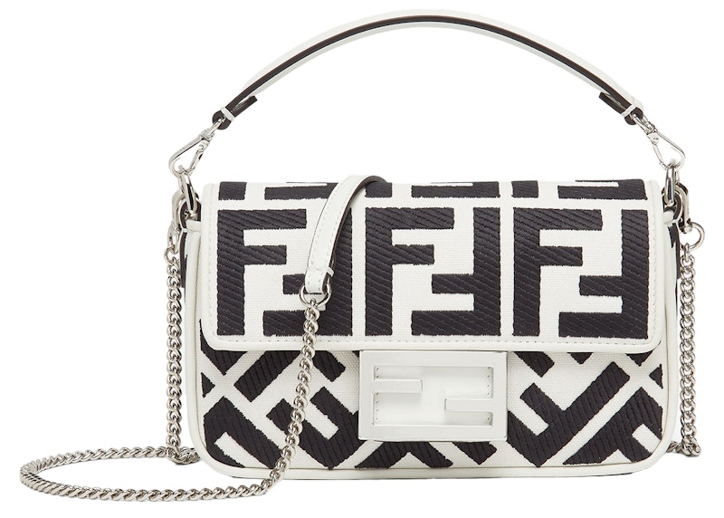 Fendi by Marc Jacobs Baguette Mini White and Black Canvas Bag with FF Embroidery