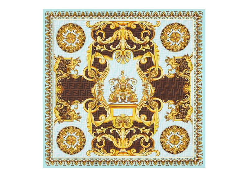 Fendi Fendace Gold Baroque Silk Foulard Blue/Gold Baroque Print