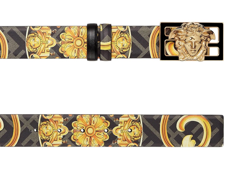 Order Fendi Fendace Ikat Pinggang Bolak-Balik Hitam/Emas Cetak Baroque