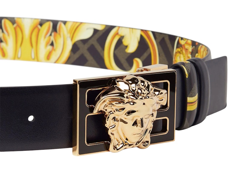 Lookbook Fendi Fendace Ikat Pinggang Bolak-Balik Hitam/Emas Cetak Baroque