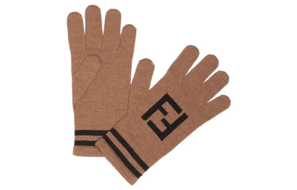 FENDI FF Jacquard Logo Wool Knit Gloves Brown  Fashion Accessory. FXY585AMR5F0QT1