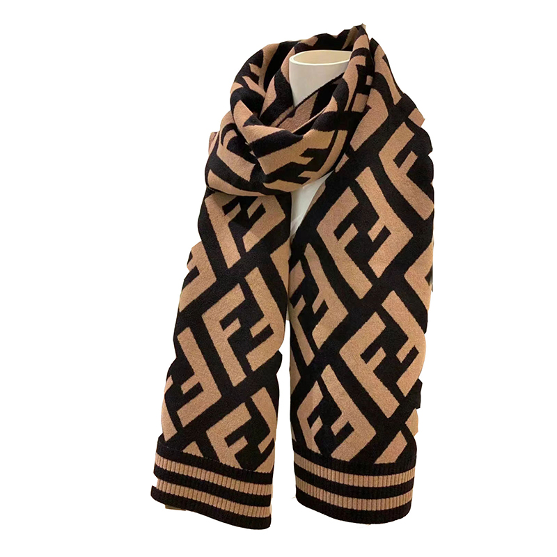 FENDI FF Logo Print Brown Knitted Scarf Unisex FXT251A2OJF0QB8