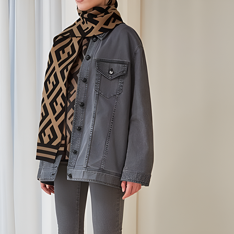 Shop FENDI FF 標誌印花棕色針織圍巾 男女通用 FXT251A2OJF0QB8