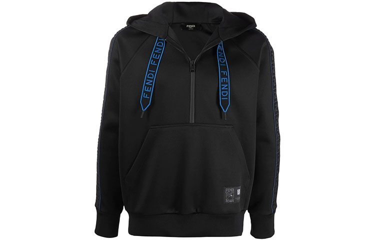 Fendi FW21 Black Hoodie with Logo Strap and Zipper Design FAF639AGJNF02W2